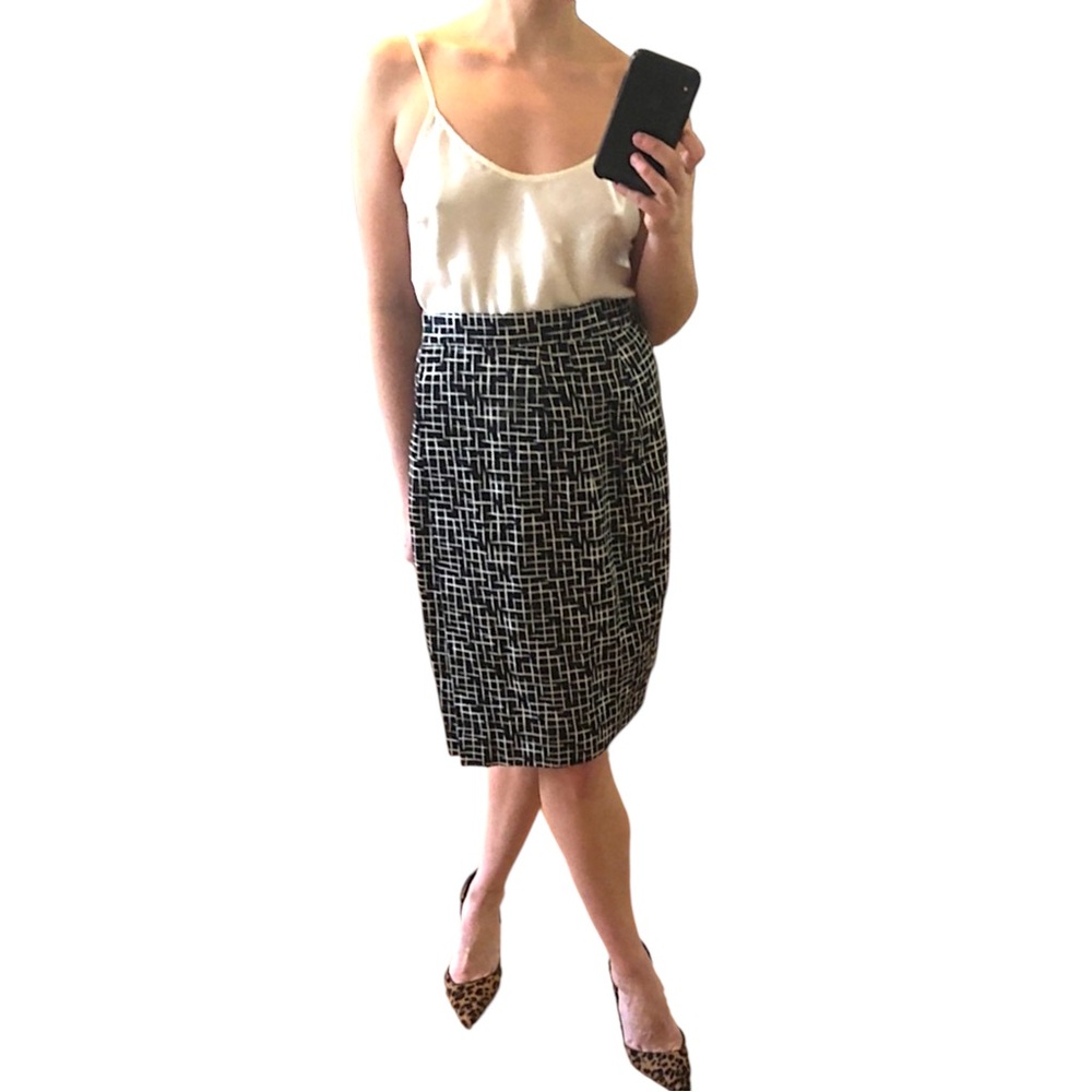 VTG Black White Hash Check Print Lined High Waist Pencil Wrap Front Midi Skirt 6